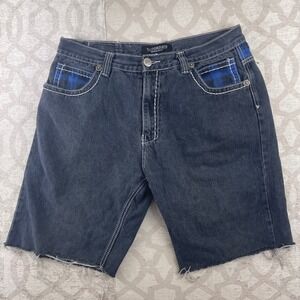 Victorious Premium Jeans Mens 36 Black Denim Shorts Blue Plaid Studded Y2K Raw